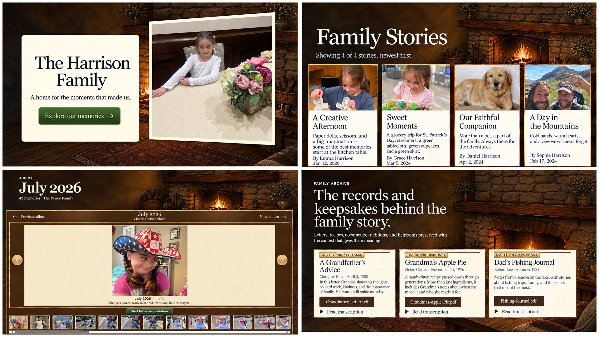 Representative RootsLanding Digital Family Home showing a family welcome page, story collection, photo album, and family archive